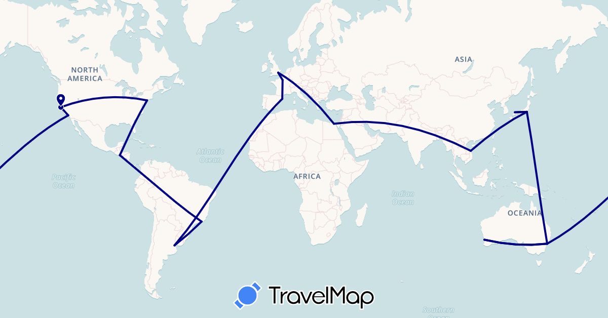 TravelMap itinerary: driving in Argentina, Australia, Brazil, Egypt, Spain, France, United Kingdom, Japan, El Salvador, United States, Vietnam (Africa, Asia, Europe, North America, Oceania, South America)
